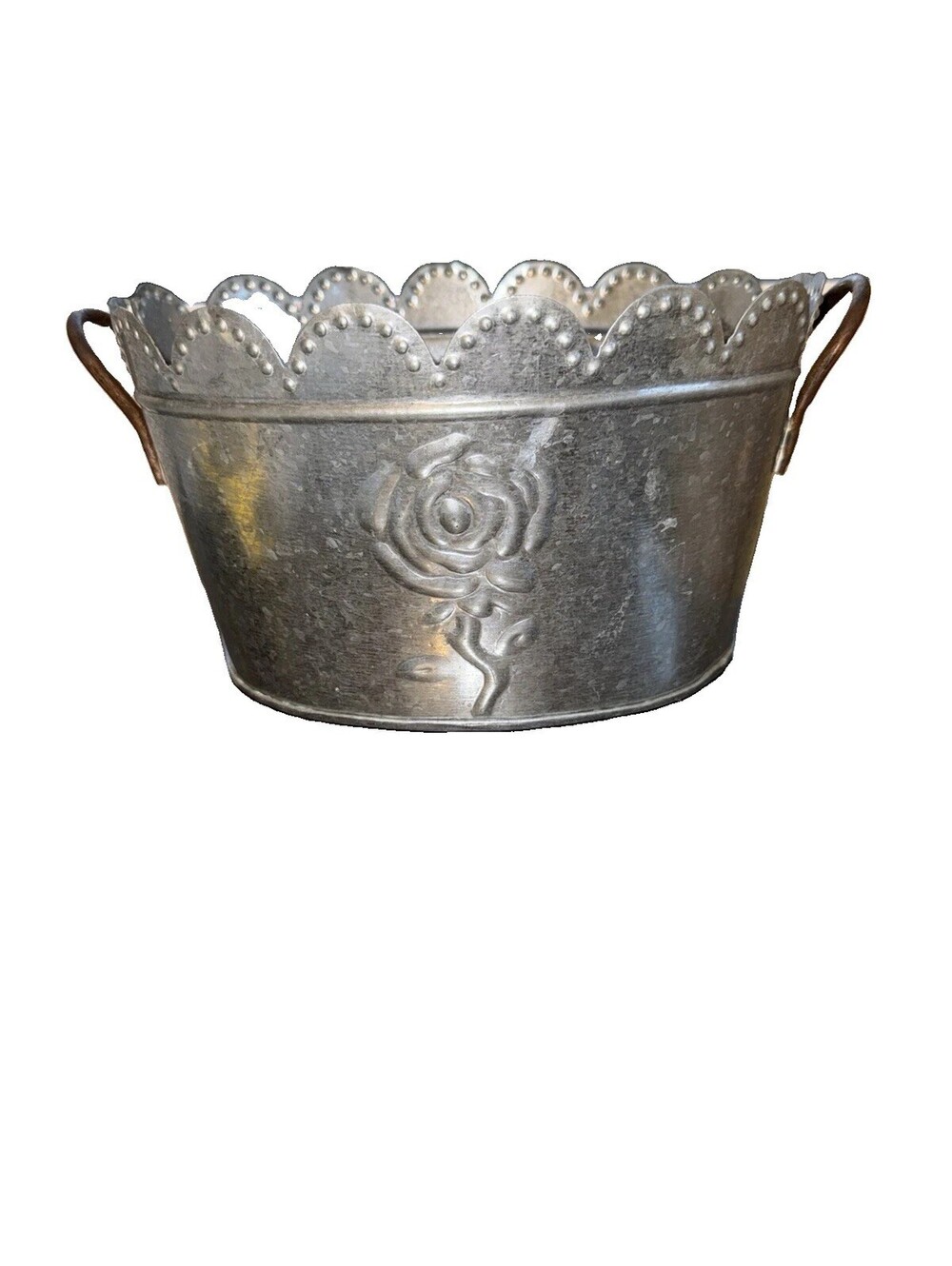 Galvanized Steel floral Metal Oval Bucket with scalloped edge Handles; Decor Bin